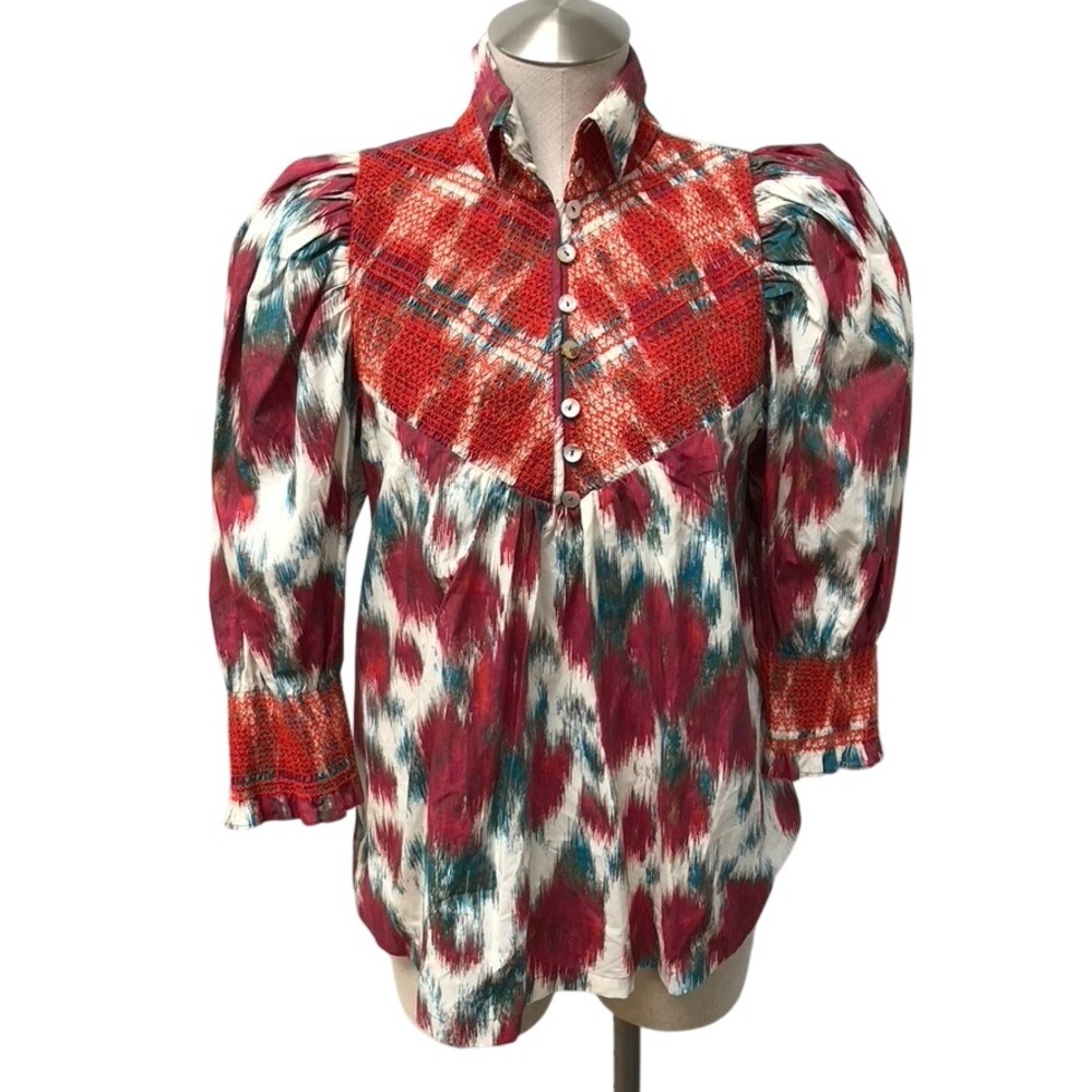 Hope for Flowers Tracy Reese Blouse Womens S Red Ikat Smocked Puff Sleeve NEW